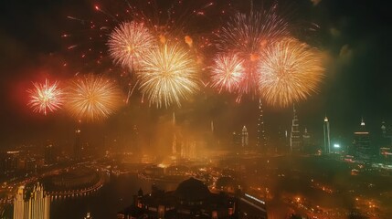 Wall Mural - A city skyline is lit up with fireworks, creating a festive