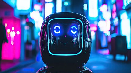 Poster - Neon City Robot Head Glowing Brightly At Night