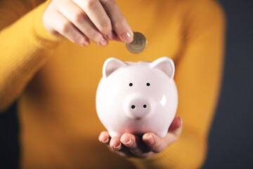 Wall Mural - woman hands holding pink piggy bank and putting money