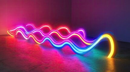 Poster - Vibrant Neon Wave Forms Illuminate Dark Room