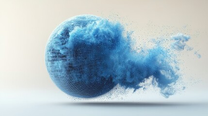 Poster - Blue Grid Sphere Exploding into Dust Particles