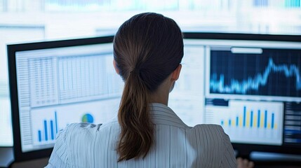 Poster - Woman Analyzing Financial Data On Multiple Monitors