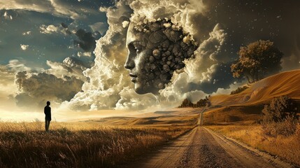 Poster - Surreal Landscape with Person and Dreamlike Cloudy Face