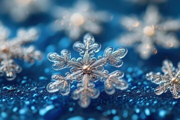 Poster - Snowflakes of varying shapes resting on a shimmering blue background