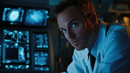 Poster - Doctor reviewing medical scans in a dark room