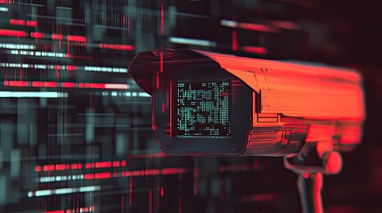 Poster - Futuristic Security Camera Displays Digital Data Stream