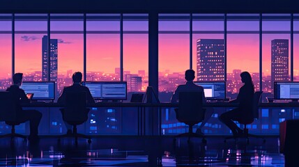 Poster - Developers Working Late Night City View