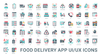 food delivery app ui ux elements flat icons, search payment review map