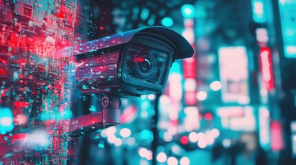 Poster - Surveillance Camera with Neon Lights and Digital Effects at Night