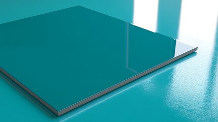 Aufkleber - Teal glossy square object rests on a teal surface