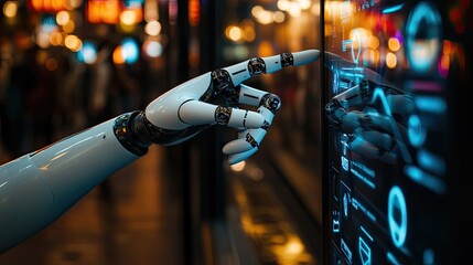 Poster - Robotic hand interacting with a futuristic digital interface