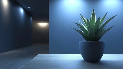 Poster - A potted plant sits on a table in a dimly lit room