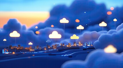 Poster - Illuminated Cityscape Connected to Cloud Servers in a Dreamlike Setting
