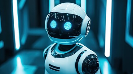 Poster - Futuristic Robot Stands in Blue Lit Corridor