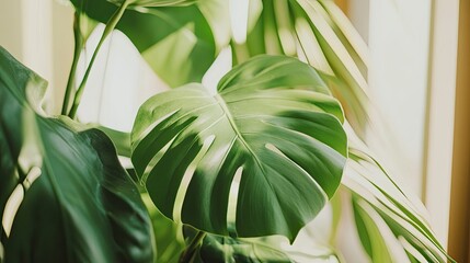 Poster - Lush Green Monstera Plant Leaf Close Up