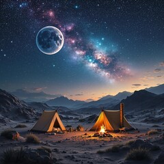 Wall Mural - a cozy campsite set on an alien planet, with a small tent and a campfire. the sky above is filled wi