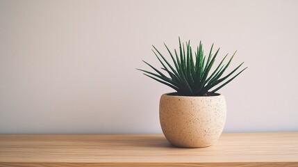 Poster - A potted succulent plant sits on a wooden surface
