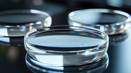 Poster - Three Clear Glass Petri Dishes Reflecting Light
