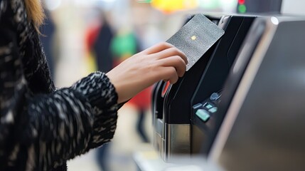 Aufkleber - Woman using contactless payment card at terminal