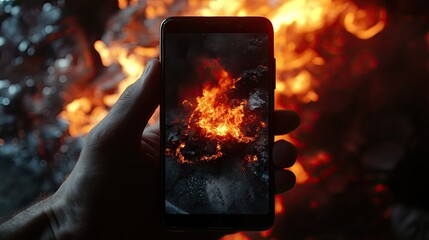 Poster - A Hand Holds Smartphone Showing Fire Image