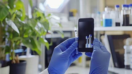 Poster - Gloved hands hold a smartphone displaying a syringe and vials