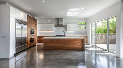 Wall Mural - A large kitchen with a wooden island and stainless steel appliances