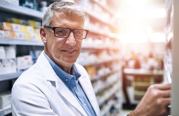 Poster - Man, wellness or portrait in pharmacy with glasses, smile for healthcare industry or career. Male pharmacist, workplace or happiness in drug store with professional service, retail dispensary or job