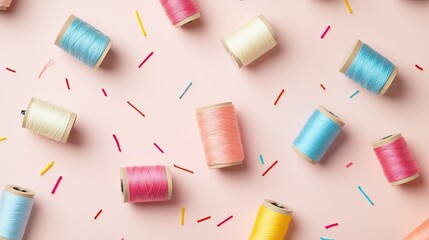 Poster - Colorful thread spools arranged on a pink background