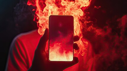 Poster - A hand holds a phone engulfed in fiery smoke