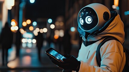 Poster - Robot using smartphone at night in city