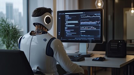 Poster - Advanced Robot Works at Computer Analyzing Data