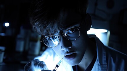 Poster - Young Scientist Carefully Holds Syringe In Lab
