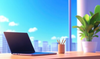 Poster - Modern Laptop on Wooden Desk with Green Plant