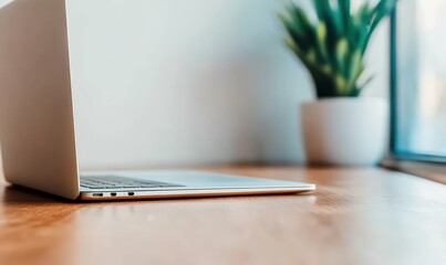 Poster - Modern Laptop on Wooden Desk with Green Plant