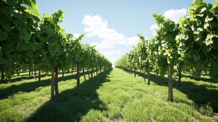 Poster - Lush Green Vineyard Rows Under a Sunny Sky