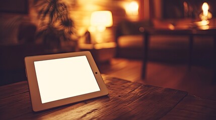 Poster - Tablet Screen Illuminates a Wooden Table in a Cozy Room