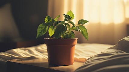 Poster - Green plant in a terracotta pot sits on a bedside table