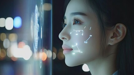 Poster - Woman facing futuristic interface digital scan overlay