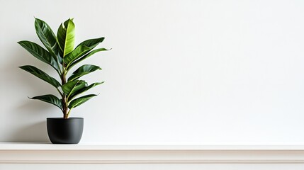 Poster - Green plant in black pot on white shelf against white wall