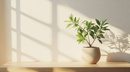 Poster - Green Plant in Beige Pot on Wooden Shelf