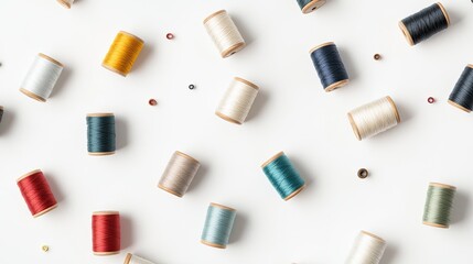 Poster - Colorful spools of thread arranged on a white background