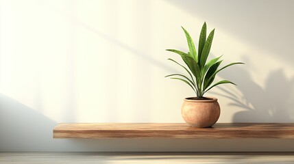 Poster - Green Plant in Terracotta Pot on Wooden Shelf