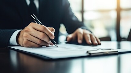 Poster - Businessman signing important document at his desk