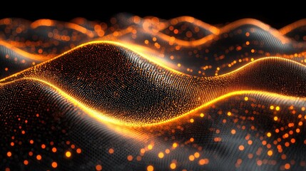 Poster - Abstract Orange Glowing Particle Wave Background