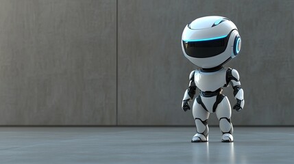 Poster - A Small White Robot Stands on a Grey Floor