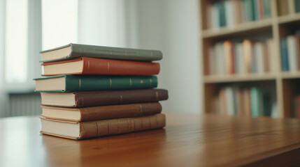 Wall Mural - Warm and inviting image of vintage hardback books stacked neatly on a wooden desk, with a blurred bookshelf in the background, creating a cozy and studious atmosphere with copy space