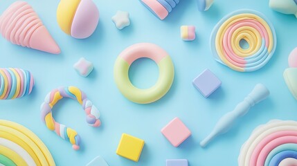 Poster - Pastel Colored Shapes Arranged On A Blue Background
