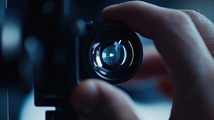 Poster - A hand holds a camera lens focusing intently