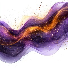 Golden glitter swirling through purple wave on white background, ideal for digital art