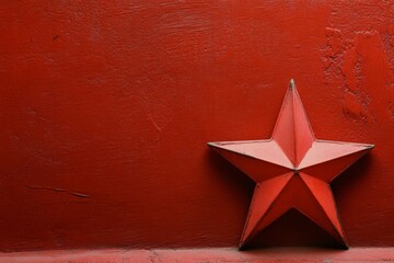 Poster - Red star sculpture against a vibrant red background with geometric design elements